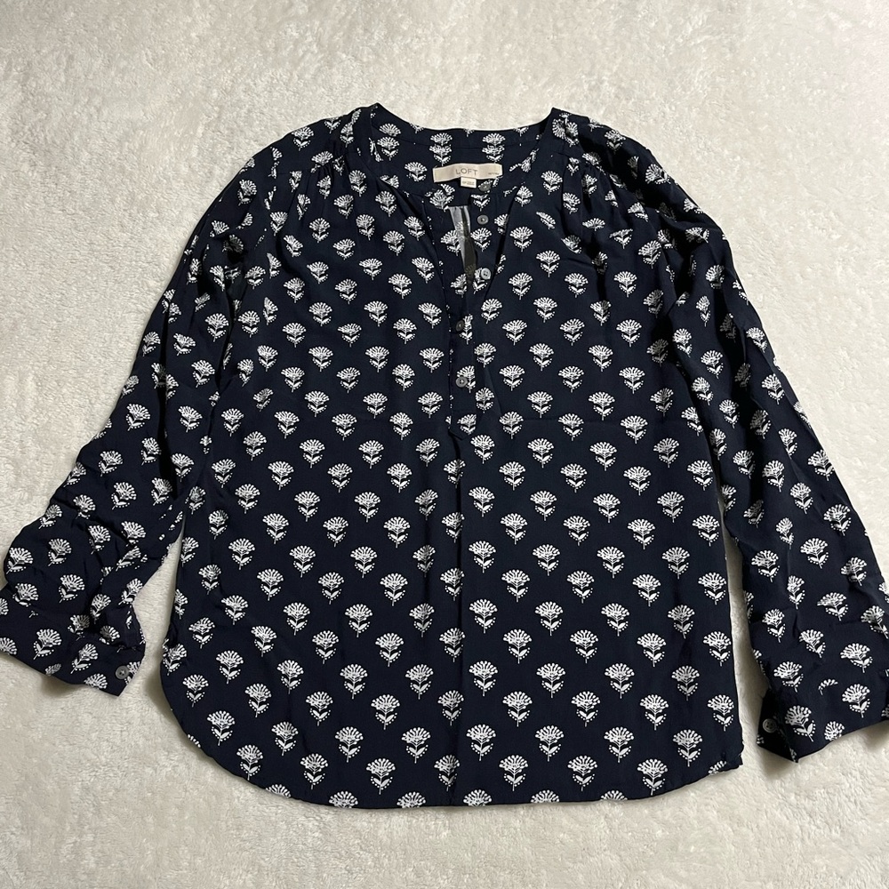 Loft Navy Blue Patterned Women's Top